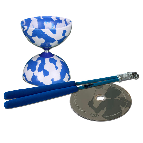 Jester 'Blue & White' Diabolo with Pro sticks, Instructions and DVD