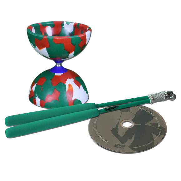 Jester Camo coloured Diabolo with pro sticks, instructions and DVD