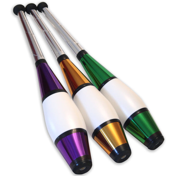 3  Professional Juggling Clubs in Purple, Gold & Green