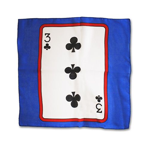 Red bordered 3 of clubs on blue background silk square
