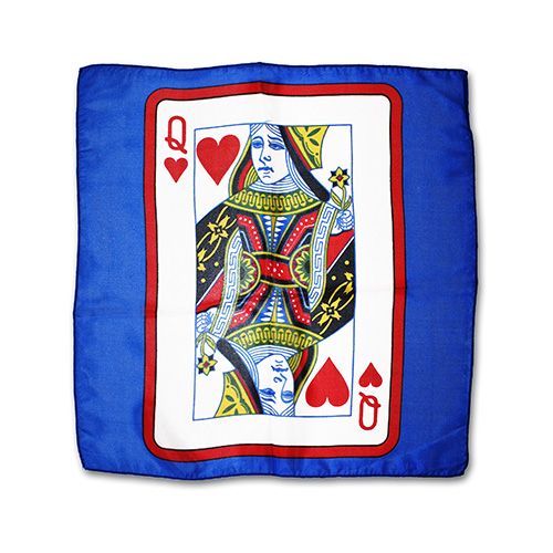 Red bordered Queen of Hearts on blue silk square