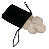 Black velvet pouch with replica dollars on a white background