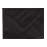 A black textured envelope with a diagonal V-flap closure, shown flat against a solid white background.