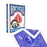 A deck of Official Bicycle Gaff Cards with a Double Back Blue design on the back, alongside its blue tuck box.