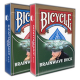 Two Bicycle Brainwave decks of cards with different colored covers on a white background.