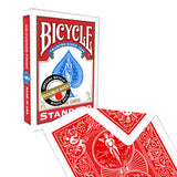 A pack of Bicycle Gaff Cards with red design on the back, placed next to its red tuck box.