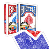 Two decks of Official Bicycle Gaff Cards are displayed, one with red backing and the other with blue. The cards are designed to be double-backed. One side with a red back and one with a blue back. 