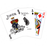 Three playing cards, a Joker card, Ace of Spades and a King of Diamonds card, on a white background with pips on the opposite side making the cards left handed.