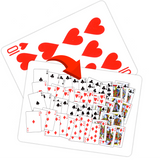 left handed 10 of hearts with 52 playing cards on the back. 