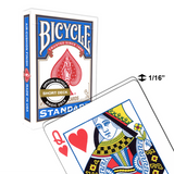 Bicycle playing card short deck with a card showing the Queen of Hearts which is 1/16" shorter than normal. 