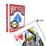 Bicycle playing card short deck with a card showing the Queen of Hearts which is 1/16" shorter than normal. 