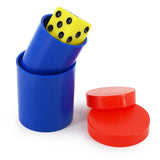 Two blue dice cases with a yellow die peeking out on a white background