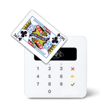 A playing card being used to pay on a card reader.