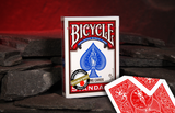 A boxed deck of Bicycle Standard Double Back Magic Playing Cards stands upright on dark slate stones, with one double red-backed playing card placed in front against a warm red glowing background in a cave.