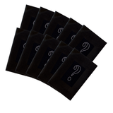Set of black velvet jewelry pouches with question marks on a white background