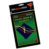 Red Dragon Magic packaging for 'Faith, Hope & Charity' with colorful ropes on a green background.