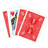 A spread of four red-backed Bicycle playing cards with three face down on the table. The visible face of the card shows the Queen of Hearts.