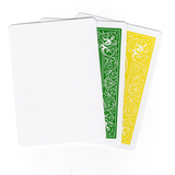 Three gaff Bicycle cards playing cards with green and yellow designs on a white background