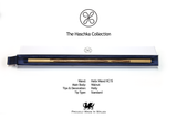A wooden Haschka collection wand presented in its white and navy blue gift box, with product specifications and a 'Proudly Made in Wales' logo printed below on a white background.