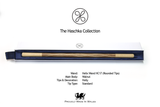 A wooden wand from The Haschka Collection, displayed horizontally inside its dark blue presentation box on a white background, with product specifications printed below.