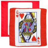 A square red scarf featuring a printed Queen of Hearts playing card design in the center, shown with a second silk behind it which is blank.