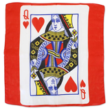 A square red and white playing card design on a silk featuring the Queen of Hearts illustration in the center, with red heart symbols in the corners and a red border around the card.