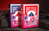 Two Bicycle playing card boxes standing upright on dark stones against a glowing red cave backdrop. One box is blue and pink labeled 'Special Assortment,' and the other is red and pink also labeled 'Special Assortment.