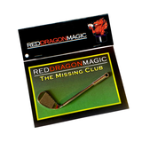 A miniature metal golf club with a black prediction envelope and two bicycle cards with the Red Dragon Magic logo on the packaging.