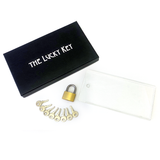 The lucky key Mentalism trick props including plexi glass case, padlock and seven keys.
