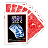 A deck of Bicycle Playing Cards made into a One Way Forcing Deck by Red Dragon Magic. Behind are 6 playing cards with the Bicycle Back Facing forward.