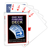 A deck of Bicycle Playing Cards made into a One Way Forcing Deck by Red Dragon Magic. Behind are 6 playing cards which are all Ace of Diamonds.