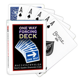A deck of Bicycle Playing Cards made into a One Way Forcing Deck by Red Dragon Magic. Behind are 6 playing cards which are all Ace of Spades.