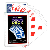 A deck of Bicycle Playing Cards made into a One Way Forcing Deck by Red Dragon Magic. Behind are 6 playing cards which are all Eight of Diamonds.
