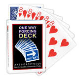 A deck of Bicycle Playing Cards made into a One Way Forcing Deck by Red Dragon Magic. Behind are 6 playing cards which are all Eight of Hearts.