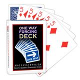 A deck of Bicycle Playing Cards made into a One Way Forcing Deck by Red Dragon Magic. Behind are 6 playing cards which are all Five of Diamonds.