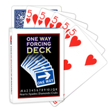 A deck of Bicycle Playing Cards made into a One Way Forcing Deck by Red Dragon Magic. Behind are 6 playing cards which are all Five of Hearts.