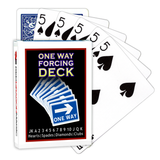 A deck of Bicycle Playing Cards made into a One Way Forcing Deck by Red Dragon Magic. Behind are 6 playing cards which are all Five of Spades.