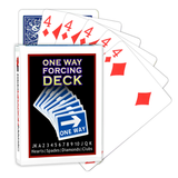 A deck of Bicycle Playing Cards made into a One Way Forcing Deck by Red Dragon Magic. Behind are 6 playing cards which are all Four of Diamonds.