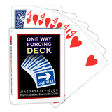 A deck of Bicycle Playing Cards made into a One Way Forcing Deck by Red Dragon Magic. Behind are 6 playing cards which are all Four of Hearts.