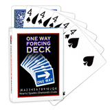 A deck of Bicycle Playing Cards made into a One Way Forcing Deck by Red Dragon Magic. Behind are 6 playing cards which are all Four of Spades.