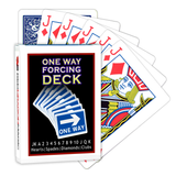 A deck of Bicycle Playing Cards made into a One Way Forcing Deck by Red Dragon Magic. Behind are 6 playing cards which are all Jack of Diamonds.