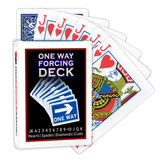 A deck of Bicycle Playing Cards made into a One Way Forcing Deck by Red Dragon Magic. Behind are 6 playing cards which are all Jack of Hearts.