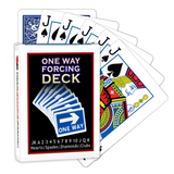 A deck of Bicycle Playing Cards made into a One Way Forcing Deck by Red Dragon Magic. Behind are 6 playing cards which are all Jack of Spades.