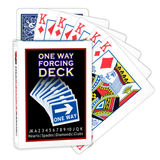 A deck of Bicycle Playing Cards made into a One Way Forcing Deck by Red Dragon Magic. Behind are 6 playing cards which are all King of Diamonds.