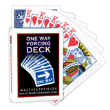 A deck of Bicycle Playing Cards made into a One Way Forcing Deck by Red Dragon Magic. Behind are 6 playing cards which are all King of Hearts.