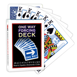 A deck of Bicycle Playing Cards made into a One Way Forcing Deck by Red Dragon Magic. Behind are 6 playing cards which are all King of Spades.