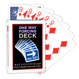 A deck of Bicycle Playing Cards made into a One Way Forcing Deck by Red Dragon Magic. Behind are 6 playing cards which are all Nine of Diamonds.