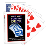 A deck of Bicycle Playing Cards made into a One Way Forcing Deck by Red Dragon Magic. Behind are 6 playing cards which are all Nine of Hearts.