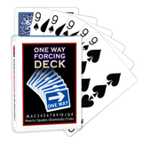 A deck of Bicycle Playing Cards made into a One Way Forcing Deck by Red Dragon Magic. Behind are 6 playing cards which are all Nine of Spades.