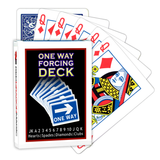 A deck of Bicycle Playing Cards made into a One Way Forcing Deck by Red Dragon Magic. Behind are 6 playing cards which are all Queen of Diamonds.